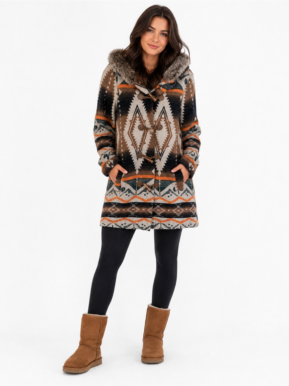BB Dakota Brown Multi Navajo Bostwick Aztec Toggle Wool  Coat Faux Fur Trim - Picture 2 of 3